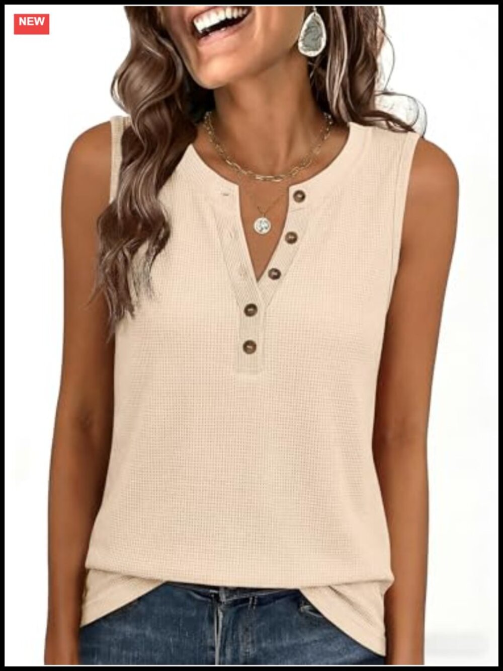 Waffle Knit Henley Sleeveless Tank Top Loose Fit Summer